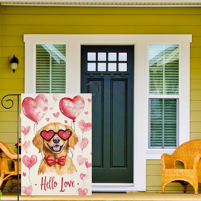 Valentine's Day Golden Retriever Hello Love Garden Flag, House Yard Plaid Love Heart Outside Decoration, Spring Holiday Wedding Anniversary Outdoor Small Decor 12x18(12627)