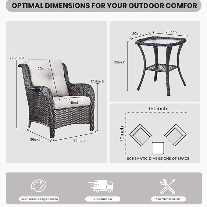 Belord Outdoor Furniture Set Patio Wicker Chairs, 3 Peices Porch Rattan Furniture with Side Table, Deep Seating Patio Bistro Chair Sets (Beige Cushion)
