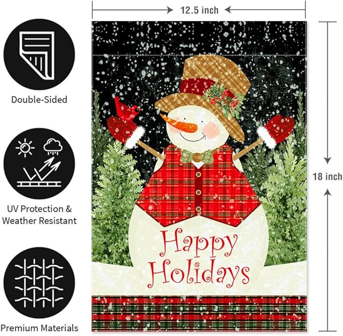 Snowman Garden Flag 12.5 x 18 Inch Double Sided Home Decor, Happy Holiday Christmas New Year House Outside Outdoor Winter Burlap Banner Yard Flag Decoration