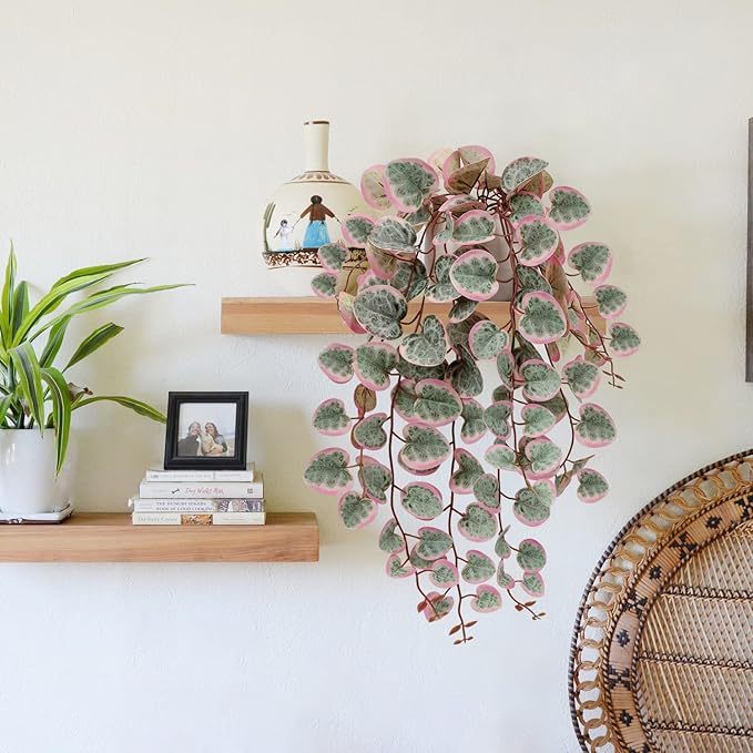 Briful Fake Plants Indoor 16'' Artificial String of Hearts Plants with Ceramic Pot Small Faux Draping Vine Plants for Home Bathroom Table Shelf Office Hotel Decor(Pink)