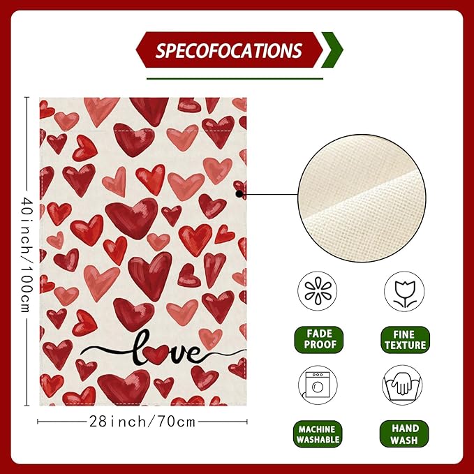 Valentine’s Day Watercolor Red Love Hearts House Flag Big Large Burlap 28X40 Inch Vertical Double Sided Outside Yard Holiday Outdoor Farmhouse Decoration
