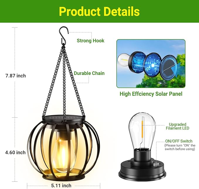 KOOPER Solar Lanterns Outdoor Waterproof, 4 Pack Upgraded Metal Hanging Solar Lights Outdoor Lanterns, Brighter Auto On/Off Outdoor Hanging Lantern for Yard Patio Pathway Porch Garden Decor