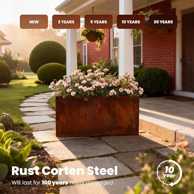 GZGNEEVL Corten Steel Planter Box Metal Outdoor Large Rectangular Rustic Durable Antique Detached for Commercial Residential Patio Deck and Backyard 24" x 12" x 12"