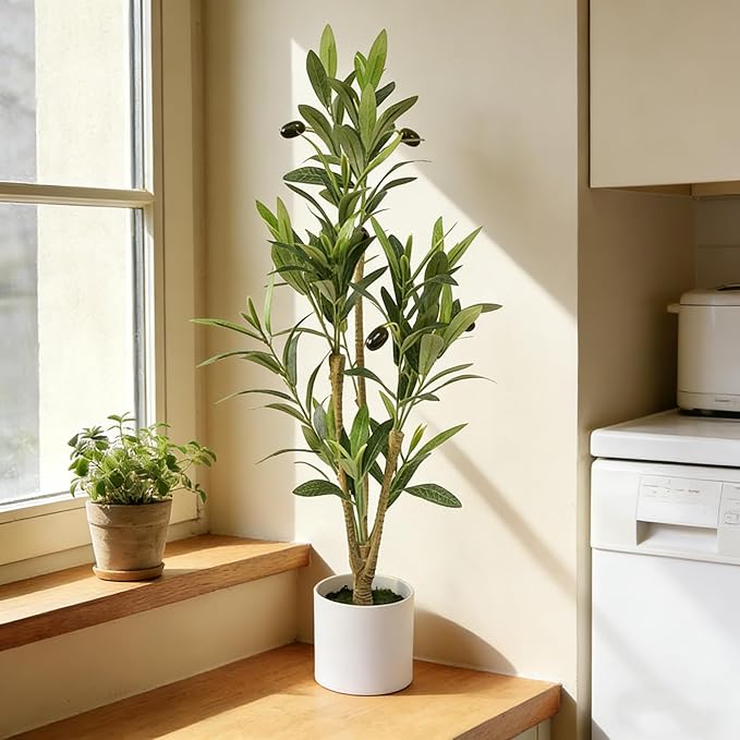 28" Fake Olive Tree with Pot Indoor, Small Artificial Olive Branches Stems Potted Greenery Faux Green Plants in Pot for Tabletop Desk Office Bedroom Bathroom Kitchen Living Room Home Decor