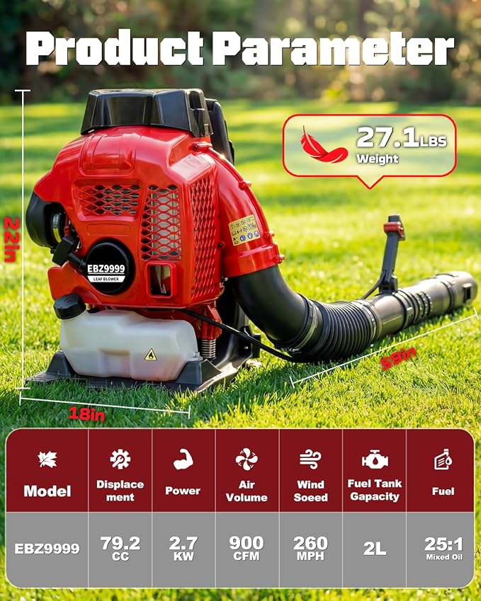 80CC Gas Backpack Blower, 900 CFM 260 MPH Gas Powered Leaf Blower with 2-Stroke Engine, Heavy-Duty Leaf Blower Backpack for Commercial Lawn Care (Red – 80CC)