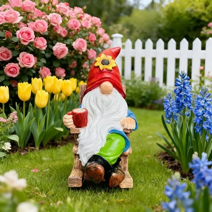 Drinking Coffee Faceless Garden Gnome Statue Decoration - 7.2" Figurine Ornament for Indoor Outdoor Home Patio Yard Lawn - Lucky Gnome Unique Mom Birthday Gifts - Best Garden Gifts for Day