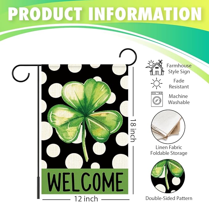 St Patricks Day Welcome Garden Flag 12x18 Inch Double Sided,Shamrock Polka Dots Outdoor Irish Decor House Porch Flag for St Patrick's Day Party and Yard Decorations