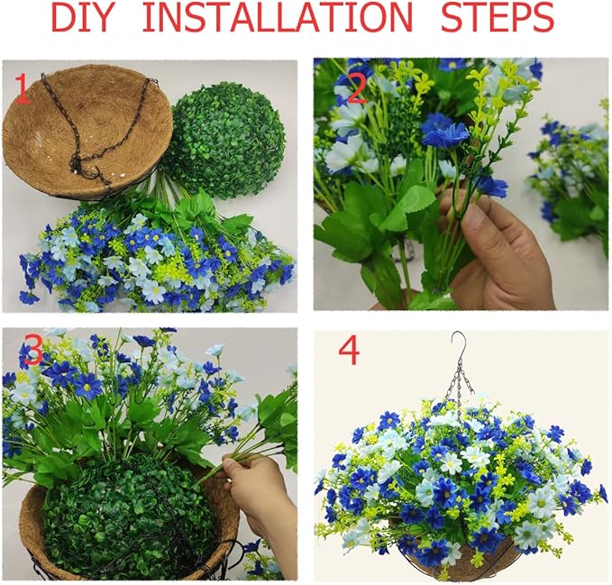Lamsze Artificial Faux Hanging Plants Flowers Basket for Summer Autumn Outdoor Outside Porch Decoration, Fake Silk Colorful Daisy Eucalyptus UV Resistant Look Real for Home Patio Balcony Yard