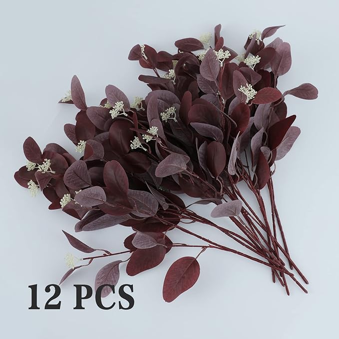 20" Silk Artificial Eucalyptus Stems, 12Pcs Fake Eucalyptus Stem with Leaves Berries, Greenery Plants Floral Decorations for Wedding Party Flowers Arrangement Home Decor (Burgundy)