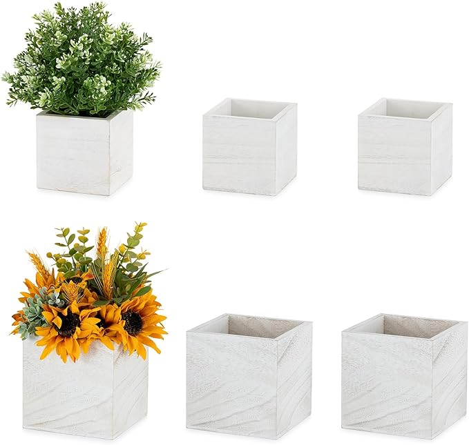 NUPTIO Wooden Box for Centerpiece Wedding: 6 Pcs Rustic Square Planter Box Farmhouse Table Fall Decor - 4×4" & 5×5" Whitewashed Small Wood Vases Flower Pots for Windowsill Home Garden