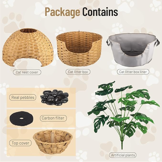 Hidden Cat Litter Box Plant Furniture Enclosure House w/ Faux Plant, Decorative Handwoven Rattan Round Planter Cat Bed for Indoor Cats w/ Odor Control Filter, in Living Room Bedroom Corner Natural