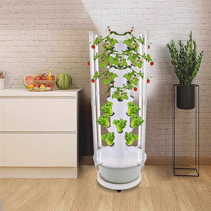 Hydroponic Growing System, 28-Plant Vegetable Planter Tower with LED Light, Outdoor Indoor Garden Vertical Planter Germination Kit with Water Pump, Intelligent Water Circulation & Timer Function