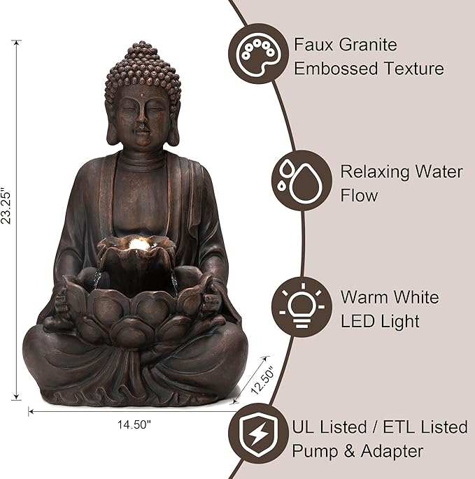 Glitzhome Buddha Fountain with Pump & LED Light, 2 Tier Zen Style Meditating Buddha Water Fountain Outdoor Fountains and Waterfalls Floor Fountains Buddhas Statues for Garden Patio Backyard 23.25" H