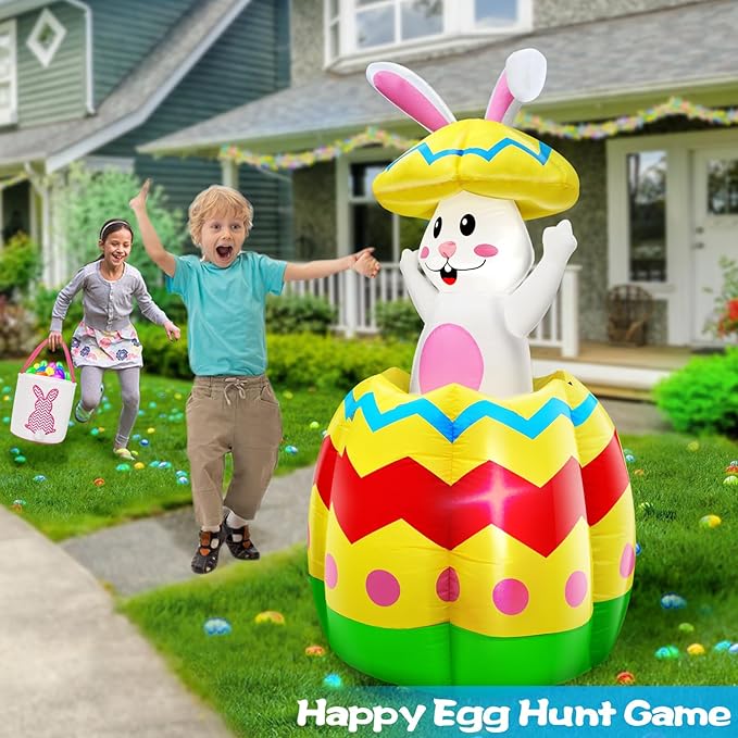 [Pop Up and Down] 5.7 Ft Easter Inflatable Bunny Broke Out of Colorful Easter Eggs, Blow Up Rabbit Decorations Outdoor with Built-in LED Easter Party Decor Yard Garden Lawn Indoor Outdoor Home