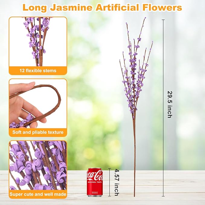 10 Pcs 30" Long Jasmine Artificial Flowers Fake Flowers Dry Branches Stem for Home Office DIY Floral Art Plant Wedding Table Centerpieces Party Vase Decoration (Macaron Purple)