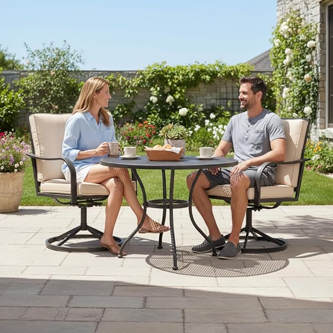 Patio Swivel Chairs Set of 2, Outdoor Swivel Dining Chairs with Thickened Cushions, All Weather Metal Patio Chair for Garden Lawn Porch, Beige