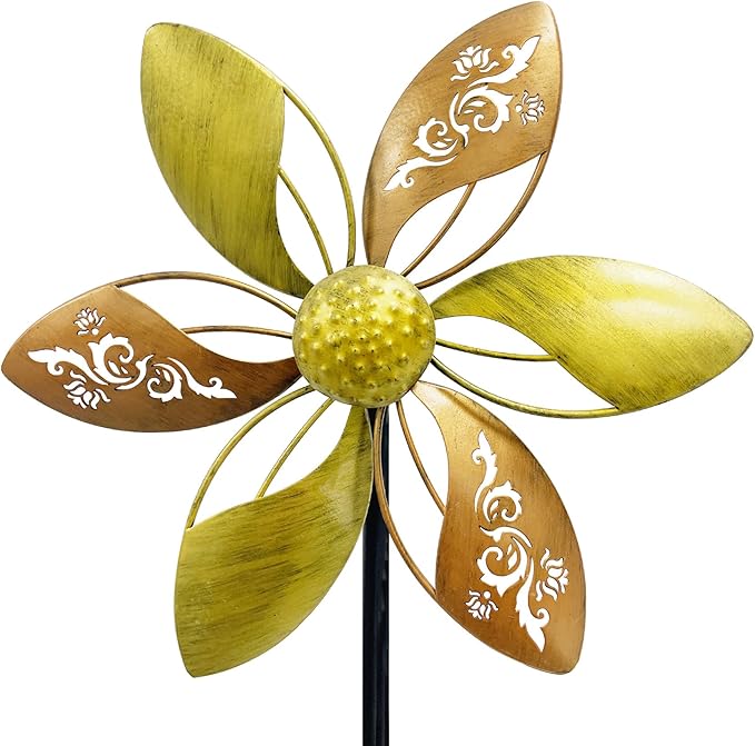 Gronhof Wind Spinners Outdoor Metal, 10.63" W*37" H Pinwheels for Yard and Garden Decor, Kinetic Wind Sculpture Spinner (Gold Ornate Laser-Cut Floral)