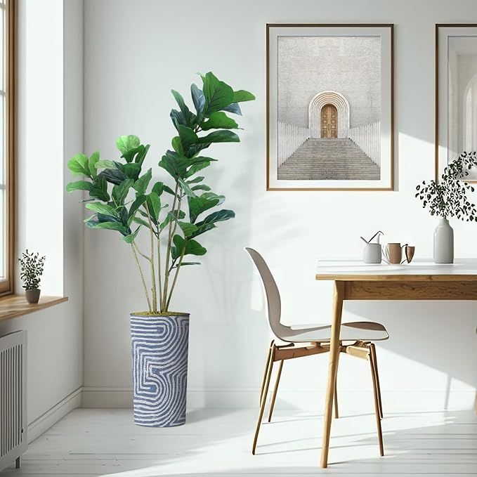 Artificial Tree in Contemporary Geometric Pattern Planter, Fake Ficus Lyrata Silk Tree for Indoor and Outdoor Home Decoration - 66" Overall Tall (Plant Pot Plus Tree)