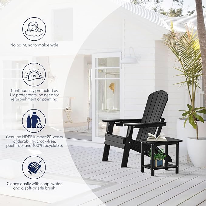 Plawdlik Folding Adirondack Chair, Cup Holder, SGS Tested, Wooden Textured，Heavy All-Weather HDPE Comfortable Set Poolside Backyard Lawn Black Set 2
