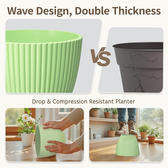LASZOLA Light Green Plant Pot Plastic Planter with Drainage Holes and Saucer Tray for Indoor Flower, Medium to Small 7.5/6.5/5.5/4.9/4.2/3.5 Inch, Modern House Decorative Gardening Round Pot, Set of 6