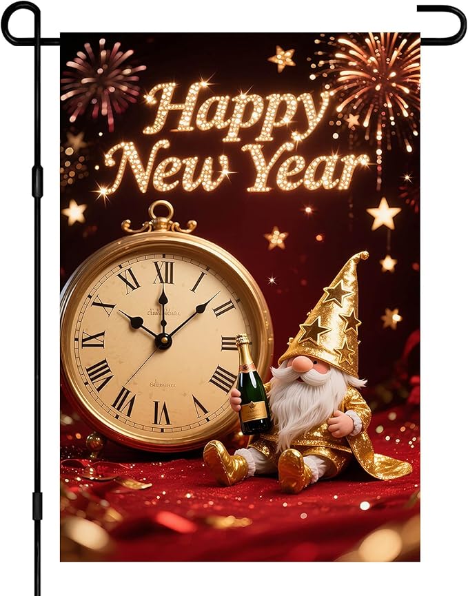Happy New Year Garden Flag Gold Gnome Banner 12x18 Inch Double Sided Flag Outdoor Yard Decoration with Clock Image for Home Lawn Porch House Seasonal Holiday Garden Flags Outdoor Decor