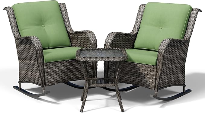 Joyside 3 Piece Wicker Patio Furniture Set, Outdoor Rocking Chair with High Back, Deep Seating, Wide Armrest, Thickened Cushions, Outdoor Rattan Furniture for Deck, Porch Use