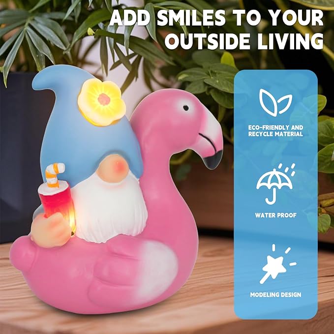 Solar Gnome Garden Decor Statue,Outdoor Funny Solar Light Decoration for Outside Yard Patio Front Porch Balcony Home - Unique Housewarming Gifts (Flamingo)