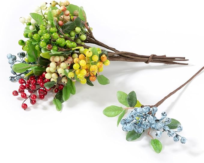 SHACOS 20 PCS Artificial Berry Stems Assorted Mixed Color, Fake Berries Branches Spray with Green Leaves 9.8 inch Small Berry Picks for Floral Crafts Centerpiece Bouquet Filler Home Wedding Decor