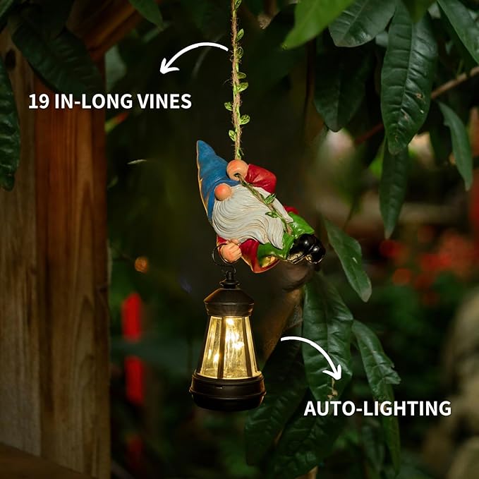 Solar Hanging Gnome Garden Statues Climbing Rope Gnome with LED Lantern Spring Outdoor Decor Tree Hugger Yard Porch Wall Fence Decoration Christmas Easter Birthday Gift for Mom Women
