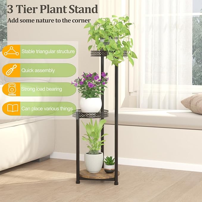 Atpddpey Plant Stand Indoor Outdoor,3 Tier Metal Wood Plant Stand for Multiple Plants,Black Tall Narrow Plants Display Organizer for Corner Living Room Porch Patio Garden Office