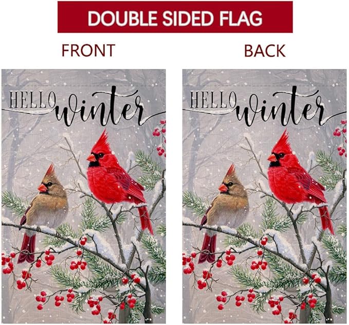 Winter Cardinal Bird House Flag 28 x 40 Vertical Double Sided Farmhouse Trees Snow Christmas Holiday Outside Decorations Burlap Yard Flag BW233-40