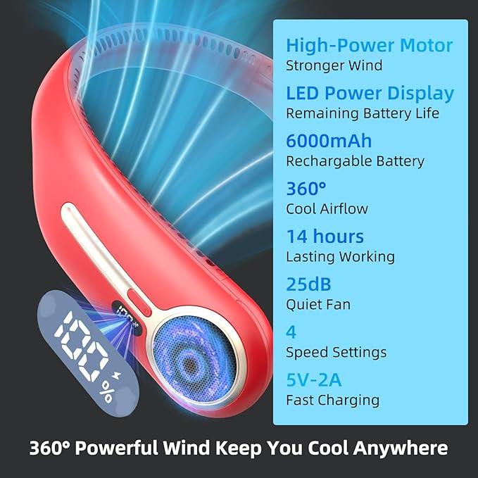 Portable Neck Fan,Hands Free Personal Wearable Bladeless Fan,6000mAh USB Rechargeable,360° Cooling,LED Display,4-Speeds,Birthday Gifts for Men Women Dad Mom,Valentines Day Gifts for Her Him (Red)
