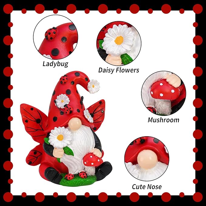 Ladybug Gnomes Spring Decorations - Resin Ladybug Figurines Spring Summer Garden Gnomes Decorations - Gnomes Gifts for Women