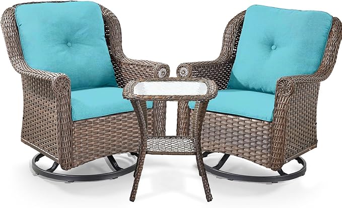 3 Piece Patio Swivel Chairs and Side Table Set - High Back Outdoor Brown Wicker Rattan Rocking Glider with Thick Cushions for Porch Apartment Deck Yard Poolside Garden - Turquoise