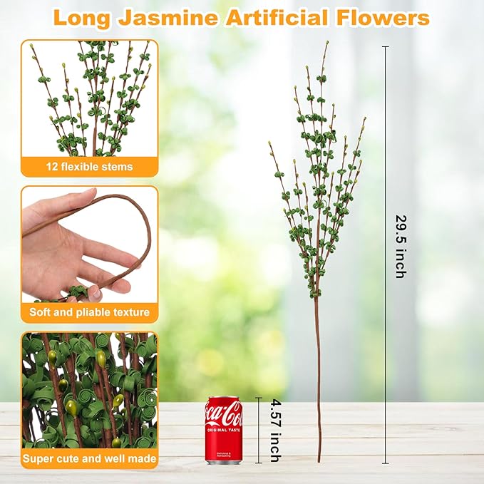 10 Pcs 29.5" Long Jasmine Artificial Green Flowers Fake Flower Dry Branches Stem for Home Office DIY Floral Art Plant Wedding Living Room St Patrick's Day Table Centerpieces Vase Decoration