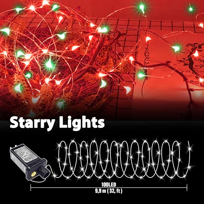 LAMPHOME Fairy Lights Plug in, 33Ft 100 LEDs Waterproof Twinkle Firefly Lights, Adaptor Included, Starry String Lights for Wedding Indoor Outdoor Christmas Patio Garden Decoration, Red and Green
