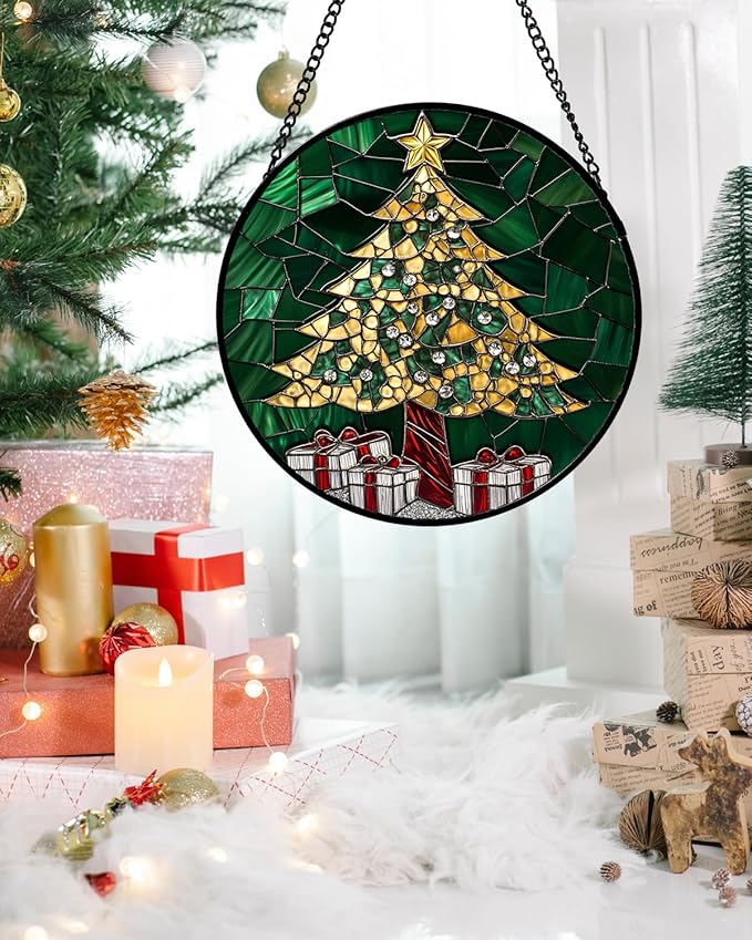 HWRHTR Stained Glass Window Hanging - Gold Green Christmas Tree Suncatcher for Doors Home Christmas Decoration Winter Sun Catcher Thanksgiving New Year Birthday Gifts for Women Men Mom Nana 6.3 in