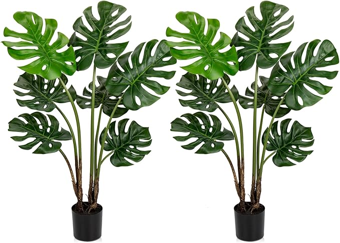 Hollyone 2 Pack Artificial Monstera Deliciosa Plant 3FT Tall Fake Tropical Palm Plants Trees Faux Monstera Indoor Swiss Cheese Plants for Indoor Outdoor Home Office Garden Living Room Decoration