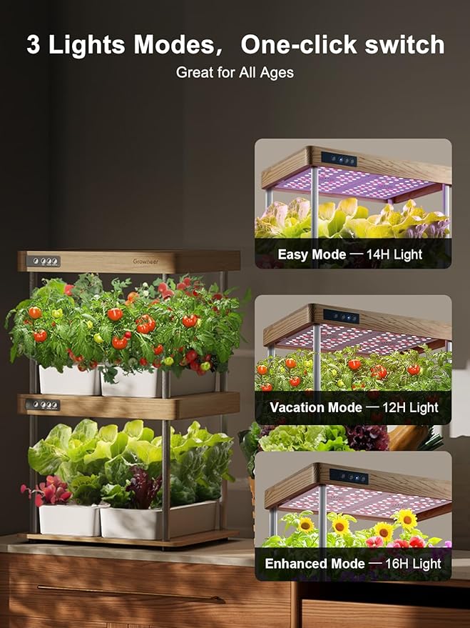 GROWNEER HydroEasy1.0 Hydroponic Growing System, 2-Tier Indoor Garden with Full-Spectrum LED Grow Lights, 32 Pods, Solid Wood Design, Independent Water Circulation, Ideal for Vegetables, Herbs, Bamboo