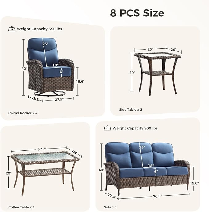 Luxury Patio Furniture Set with 6-inch Thick Cushions, Outdoor Furniture Set with High Back Swivel Chairs, 8 PCS Wicker Outdoor Conversation Set for Porch, Patio, Yard, Deck, Poolside, Brown/Blue