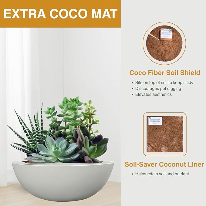 KUTE NEST 7.7" H x 22" D Round Bowl Fiberstone Planter for Succulent and Lotus with Drainage Hole, Smooth Finishes, Weather Resistant, Included 2 Extra Coco Mats (Light Gray, 19.9" Pot Opening)