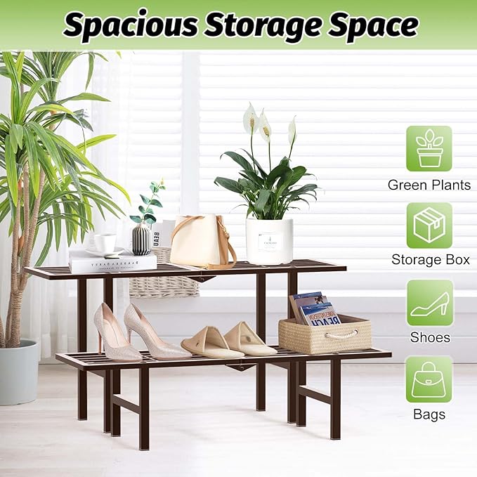 jsyonii 2 Tier Plant Stand Indoor Outdoor, Foldable Metal Ladder Plant Stands,Heavy Duty Tall Plant Shelf Flower Pot Holder Display Shelving for Garden Living Room Patio,Brown