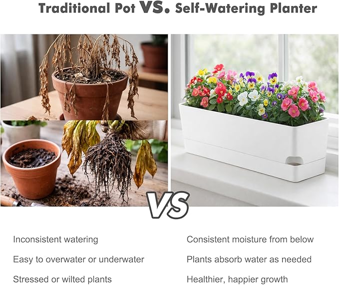 Party Zealot Window Boxes Planters, 5 Pack Self Watering Pots for Indoor Plants 17 Inch Rectangular Planter Rectangle Flower Pots Long Plant Pot Large Window Sill Herb Planter Box, White
