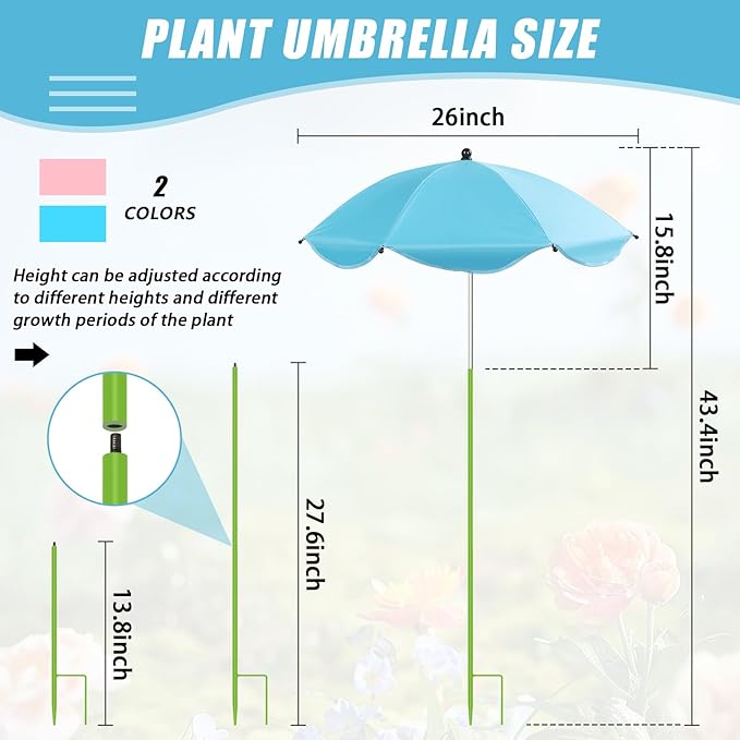 Axcoix 2 Pack Upgraded Plant Umbrellas for Outdoor Plants, 26" Larger Garden Plant Umbrella Shade with Adjustable Angle, 43.4" Higher Sun Shade for Plants, Potted Plant, Garden Beds (Pink & Blue)