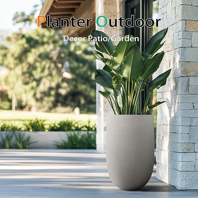 Heyzier Concrete Planter Outdoor Indoor, Large Tall Cement Plant Pots for Trees Flowers (Gray, 22 inch)