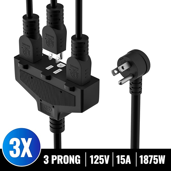 Outdoor Extension Cord 8 Ft with 3 Outlets, 14/3 SJTW 3 Prong Grounded Power Cord, 14 Gauge 14AWG Heavy Duty Power Cable, ETL Listed, 15 Amp 125 V 1875 W-Multiple Outlets for Indoor/Outdoor-Black