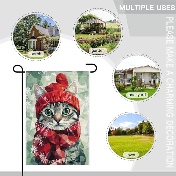 American shorthair Cat with Red Scarf and Hat Snowflake Christmas Garden Flag, 28x40 Inch Double Sided Linen Holiday Red Winter Farmhouse Yard Outdoor Decoration (4330)