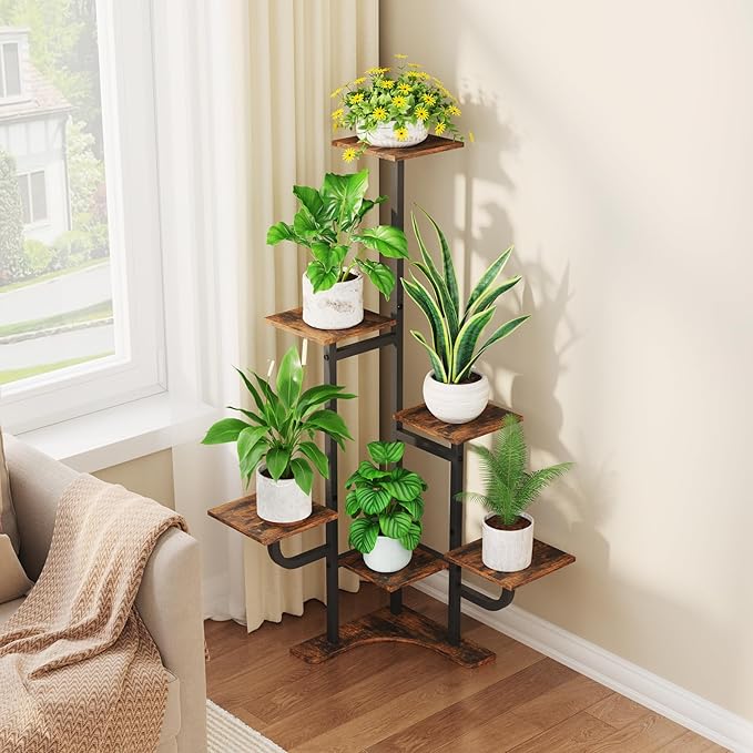 Homsorout Corner Plant Stand with Grow Light - 6 Tier Plant Stand Indoor Square Metal Plant Shelf with Adjustable Light, Plant Organizer for Living Room, Graden, Home Decor (Brown)