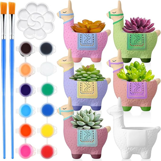 Pasimy 6 Set Ceramics to Paint DIY Ceramic Succulent Planter Pots Paint Your Own Flower Pots Craft Kit Unpainted Bisque Flowerpot with Brush Palette for Family Activity Holiday Gifts(Alpaca)