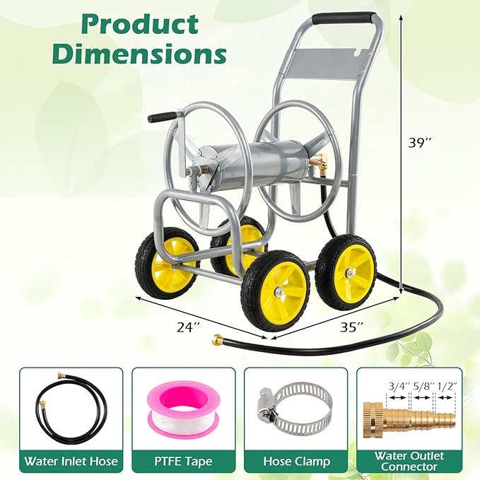 Garden Hose Reel Cart, Mobile Water Hose Cart with Heavy-duty Metal Frame & 4 Solid Wheels, Hold up to 330 ft of 5/8" Hoses, Outdoor Planting Tool for Lawn & Backyard (Silver)